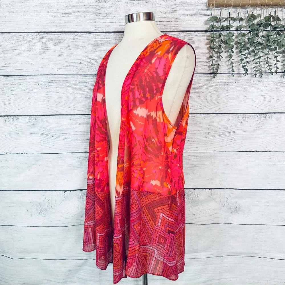 Soft Surroundings Betania Vest Topper Pink Floral Geometric Sheer Size Large